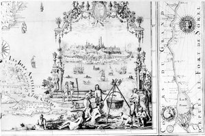Uitzicht op Quebec, cartouche van een kaart die de St. Lawrence-rivier van Sorel afbeeldt, 1699
